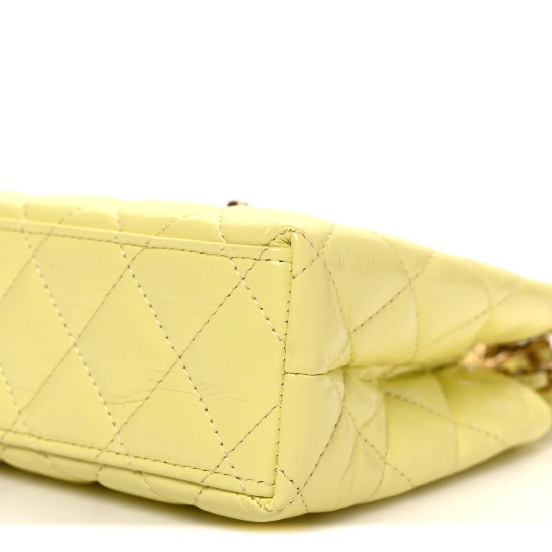 Shiny Aged Calfskin Quilted Nano Kelly Shopper "Light Yellow"