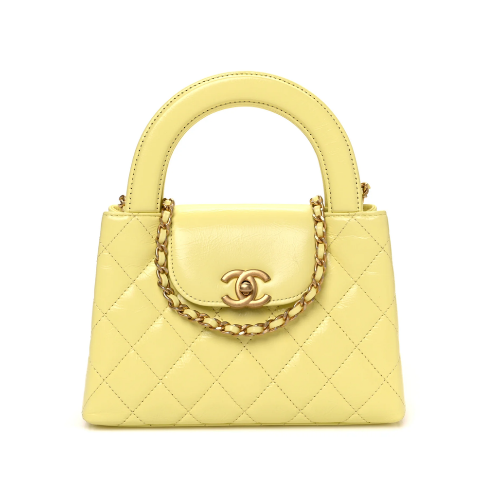 Shiny Aged Calfskin Quilted Nano Kelly Shopper "Light Yellow"