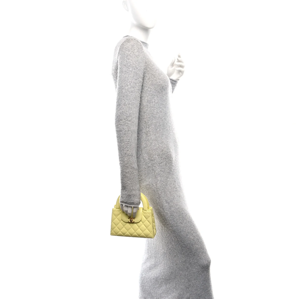 Shiny Aged Calfskin Quilted Nano Kelly Shopper "Light Yellow"