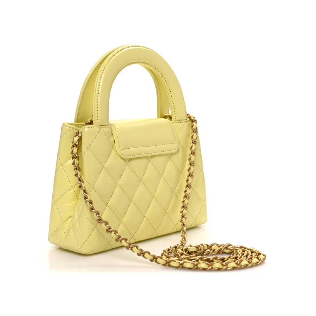 Shiny Aged Calfskin Quilted Nano Kelly Shopper "Light Yellow"
