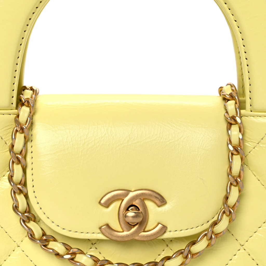 Shiny Aged Calfskin Quilted Nano Kelly Shopper "Light Yellow"